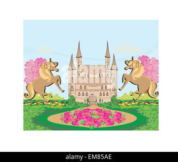 Paesaggio con un bellissimo castello e unicorns Illustrazione Vettoriale