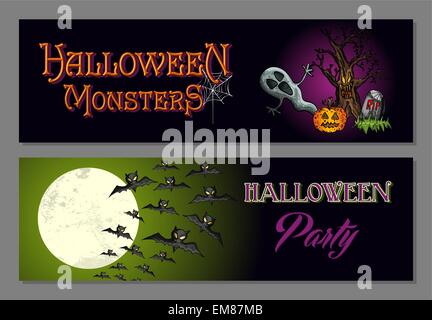 Mostri di Halloween party felice banner web impostare EPS10 file. Illustrazione Vettoriale