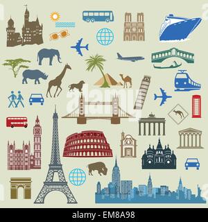 World Travel, famosi punti di riferimento internazionali Illustrazione Vettoriale
