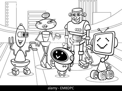 Gruppo di robot cartoon pagina di colorazione Illustrazione Vettoriale