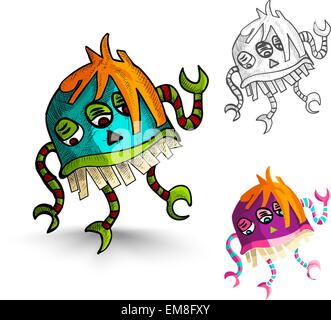 Mostri di Halloween isolato in stile sketch creature set. Illustrazione Vettoriale