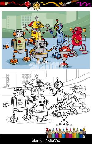 Robot cartoon gruppo pagina di colorazione Illustrazione Vettoriale