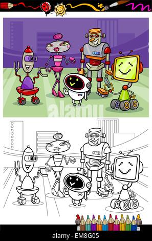 Cartoon gruppo robot libro da colorare Illustrazione Vettoriale