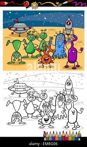 Cartoon ufo alieni gruppo pagina di colorazione Illustrazione Vettoriale