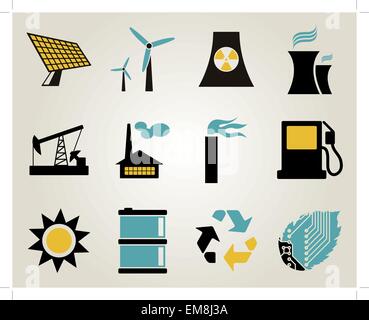 Elettricità, potenza ed energia icon set. Illustrazione Vettoriale