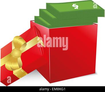 Concetto di bonus. Casella rossa con oro bow piena di denaro. Illustrazione Vettoriale
