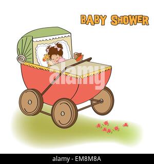 Baby girl doccia carta con retro strolller Illustrazione Vettoriale