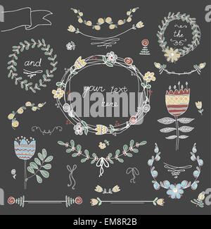 Telai vintage e disegnati a mano con motivi floreali elementi decorativi Illustrazione Vettoriale