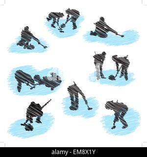 Set di curling player grunge sagome Illustrazione Vettoriale