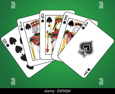 Royal Flush of Spades su sfondo verde. Le figure sono il design originale. Illustrazione Vettoriale