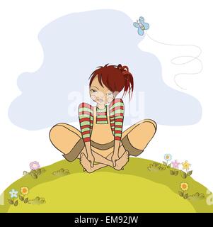 Romantica ragazza seduta a piedi nudi sull'erba Illustrazione Vettoriale