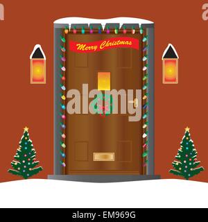 Un accogliente casa porta decorato per il Natale con le luci, a holly corona di fiori e alberi di Natale Illustrazione Vettoriale
