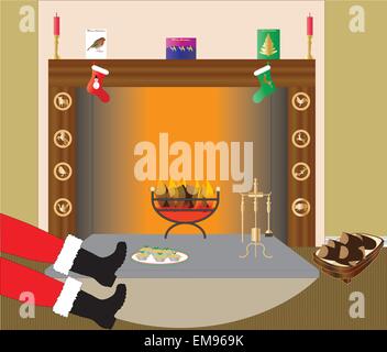Una illustrazione vettoriale di Santa Claus riscaldando i suoi piedi davanti a un caminetto in una sala decorata per Natale Illustrazione Vettoriale