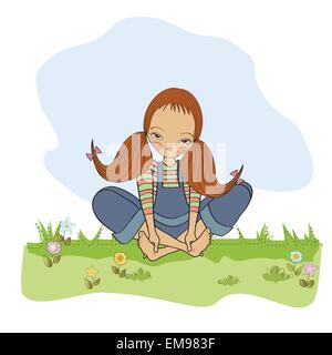 Romantica ragazza seduta a piedi nudi sull'erba Illustrazione Vettoriale