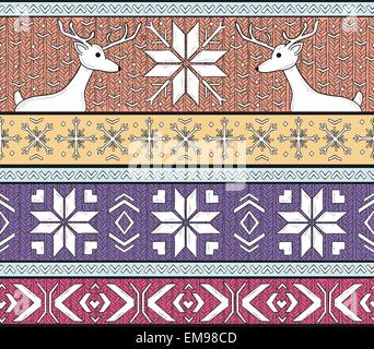 Disegnata a mano a maglia senza cuciture background in Fair Isle stile con caprioli e fiocchi di neve Illustrazione Vettoriale