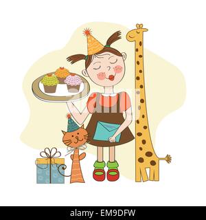 Buon compleanno card con funny girl, animali e tortine Illustrazione Vettoriale