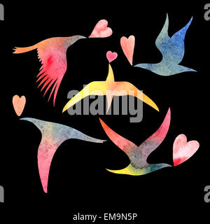 Luminose acquerello gli amanti degli uccelli su sfondo nero Foto Stock