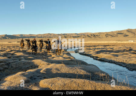 Il kazako eagle cacciatori a cavallo attraverso le steppe di sunrise, Mongolia occidentale Foto Stock