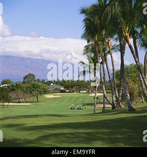 Hawaii Maui Wailea Resort Golf, Corso Blu, golfisti e Golfcart in distanza. Foto Stock
