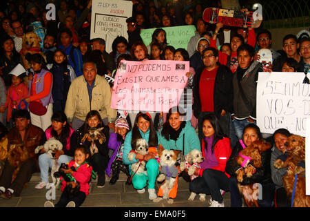 La Paz, Bolivia, 17 aprile 2015. I diritti degli animali gli attivisti prima a marzo per chiedere al governo di approvare le leggi che proteggono gli animali da abuso e la tratta di esseri umani e di aumentare le pene per coloro che sono giudicati colpevoli di crudeltà verso gli animali. Marche ha avuto luogo in diverse città in tutto il paese, in parte in reazione ad un caso recente a Cochabamba (dove una donna è stata filmata da un vicino di appendere il suo cane e la lapidazione a morte dopo la morte di due dei suoi polli) che ha causato sdegno. Credito: James Brunker/Alamy Live News Foto Stock