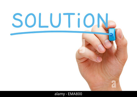 La scrittura a mano soluzione con marcatore blu su trasparente scheda di pulizia. Foto Stock