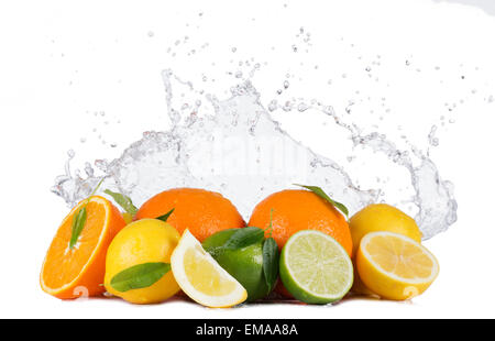 Limette fresche, i limoni e le arance con spruzzi di acqua isolati su sfondo bianco Foto Stock