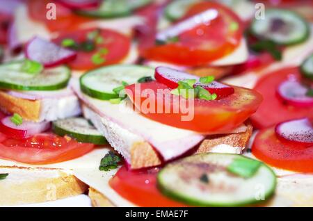 Panini pane con formaggio, prosciutto pomodori e cetrioli Foto Stock