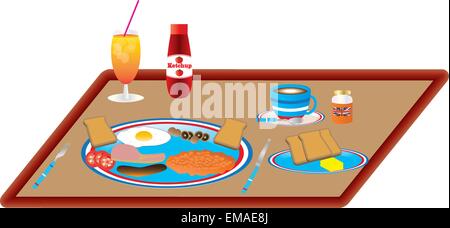 Un vectorillustration di una prima colazione Inglese con uova, pancetta, salsicce, fagioli al forno, pomodori, funghi Toast con succo di frutta e caffè isolato Illustrazione Vettoriale