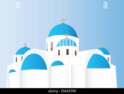 Un'immagine vettoriale di un bel multi cupola blu e bianco chiesa ortodossa greca con cupole e Croci Oro Illustrazione Vettoriale