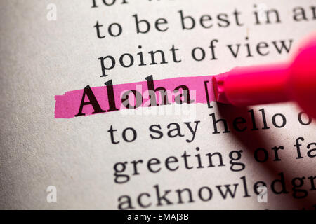Fake Dizionario, definizione del dizionario della parola aloha. Foto Stock