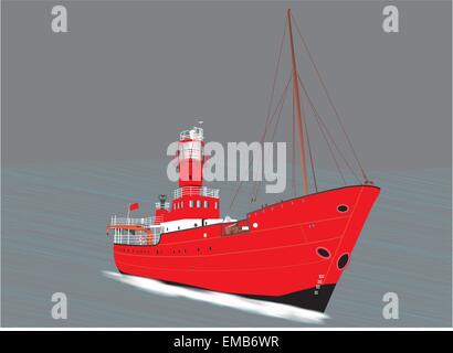 Una illustrazione vettoriale di un faro rosso nave su un mare tempestoso Illustrazione Vettoriale