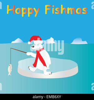 Un Cartoon Natale design di un orso polare che indossa un cappello da Babbo Natale recuperando un fishwith uno stelo e una linea su un glaçon con gli iceberg in background Illustrazione Vettoriale