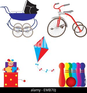 Una illustrazione vettoriale di Vintage Toys, Pram, triciclo, kite, Jack in the Box, sfera e birilli adatto per illustrazione di Natale Illustrazione Vettoriale