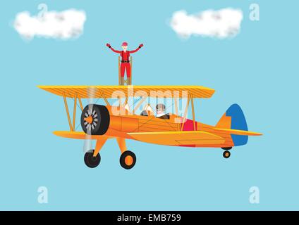 Una illustrazione di una donna in tuta rossa con le braccia aperte ala camminando su un arancio vintage biplano con uno sfondo con cielo nuvoloso Illustrazione Vettoriale