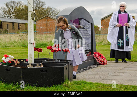 Dieci papaveri in ceramica dal " sangue spazzata di terre e mari di rosso' arte di installazione sono state "piantata' durante un servizio di ricordo a Stow Maries Aerodrome, in memoria del avieri del 37 (Home) Difesa squadrone che morì mentre serve lo squadrone durante la Prima Guerra Mondiale. Foto Stock