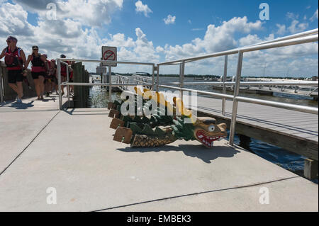 Gli atleti di ritornare al molo dopo un giorno di Dragon Boat racing event essendo mantenuto in Tavares, Florida USA Foto Stock