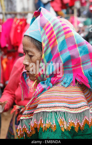 Il Vietnam, Lao Cai provincia, può cau, hilltribe persone, donna, flower hmong, Foto Stock
