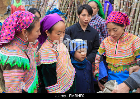 Il Vietnam, Lao Cai provincia, può cau, mercato hill tribes persone, flower hmong, Foto Stock