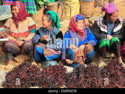 Il Vietnam, Lao Cai provincia, può cau, mercato hill tribes persone, donne vendita di peperoncino, hmong, Foto Stock