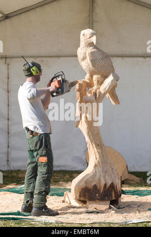 L'uomo utilizzando una motosega per scolpire statue con tronchi di alberi Foto Stock