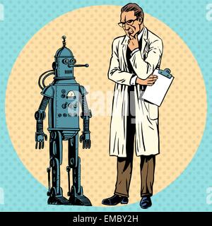 Il Professor scienziato e un robot. Il Creatore e gadget nuova scienza tecnologia pop arte fumetti in stile retrò halftone. Imitazione di Illustrazione Vettoriale