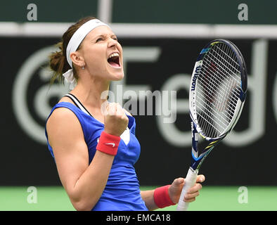 Ostrava, Repubblica Ceca. Xviii Apr, 2015. Ceca giocatore di tennis Lucie SAFAROVA festeggia dopo aver vinto la semifinale Repubblica Ceca vs. Francia Fed Cup match contro Caroline Garcia a Ostrava, Repubblica ceca, 18 aprile 2015. © Jaroslav Ozana/CTK foto/Alamy Live News Foto Stock