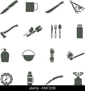 Set di icone vettoriali con attrezzature per il Campeggio e accessori. Illustrazione Vettoriale