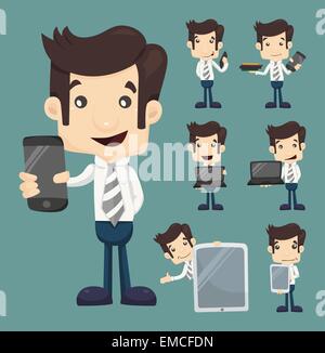 Set di imprenditore mostrano tablet e smart phone pone i caratteri Illustrazione Vettoriale