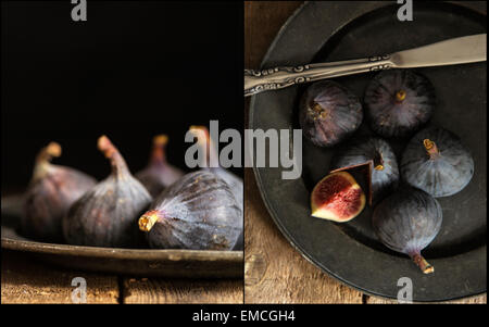 Raccolta di immagini di fichi freschi in moody in stile vintage moody illuminazione naturale impostato Foto Stock