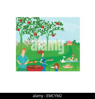 Una illustrazione vettoriale di una famiglia avente un picnic Illustrazione Vettoriale