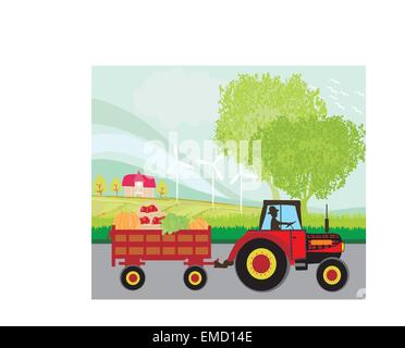 Uomo alla guida di un trattore con un rimorchio pieno di verdure Illustrazione Vettoriale
