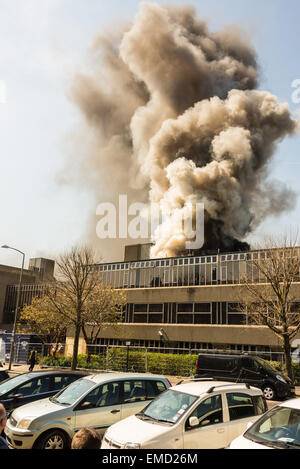 Brighton, Regno Unito. Xx Apr, 2015. Ingenti quantità di fumo e di fiamme come vigili del fuoco affrontare un tripudio a Hove Town Hall scoppiata intorno all ora di pranzo di oggi. Il municipio ospita gli uffici del Consiglio e della stazione di polizia. Credito: Julia Claxton/Alamy Live News Foto Stock