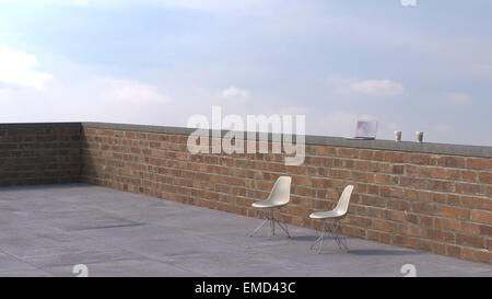 Due sedie a sdraio sulla terrazza sul tetto con laptop e caffè di andare, rendering 3D Foto Stock