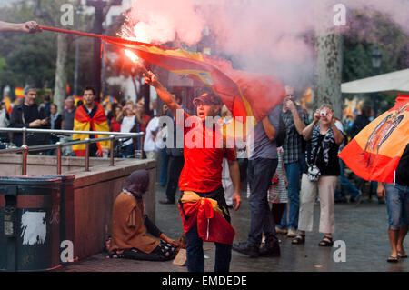 Barcellona, Spagna. Xii oct, 2014. I manifestanti facendo il saluto fascista spagnolo durante il nazionalismo Ultra intervento di questa mattina. Oltre 200 spagnolo ultra nazionalista civili ha celebrato questa mattina a Barcellona, la commemorazione annuale di ottobre xii come la nazionale spagnola di giorno. Giornata Ispanica è segnato dalla crisi stalking la Spagna e la crescente richiesta di indipendenza dalla popolazione catalana. Alcune migliaia di persone hanno manifestato per l'unione del territorio spagnolo. Foto Stock